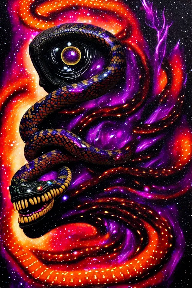 Image similar to a close up portrait of a purple ornate serpent spirit head statue, orange eyes, black paper, galaxy, nebula, billions of details, beautiful intricate painting by kokaris