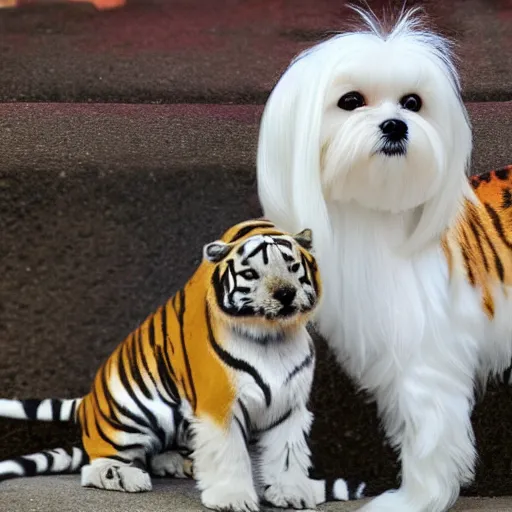 Prompt: a maltese dog with a Tiger