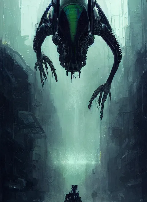 Prompt: alien vs predator, neon, rule of thirds, intricate outfit, spotlight, by greg rutkowski, by jeremy mann, digital painting