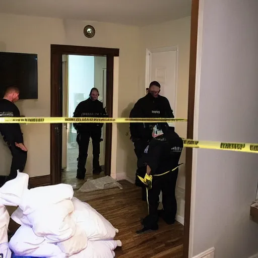 Prompt: Several forensic agents collecting evidence at a crime scene in the living room of an apartment