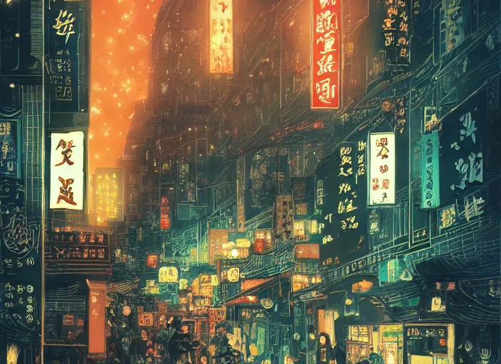 Image similar to anime illustration of 1 9 2 0 s hong kong at night lit by the stars, wispy smoke, highly detailed face, very intricate, symmetrical, cinematic lighting, award - winning, painted by wong kar - wai and mandy jurgens and peter doig, dystopian, bold colors, dark vibes, featured on artstation