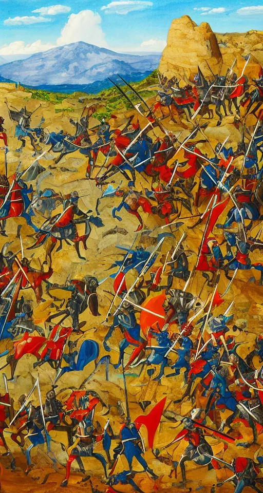 Image similar to colorful simple wideshot of a medieval battle in front of a beautiful large blue mountainscape, painting