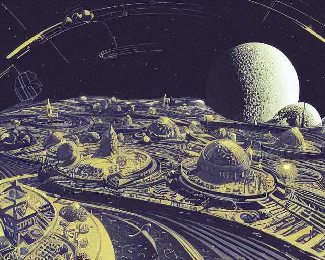 Image similar to a hyper detailed view of a large domed city on the moon, solarpunk, ecopunk, futuresynth, majestic, epic metropolis, by eyvind earle and patrick woodroffe