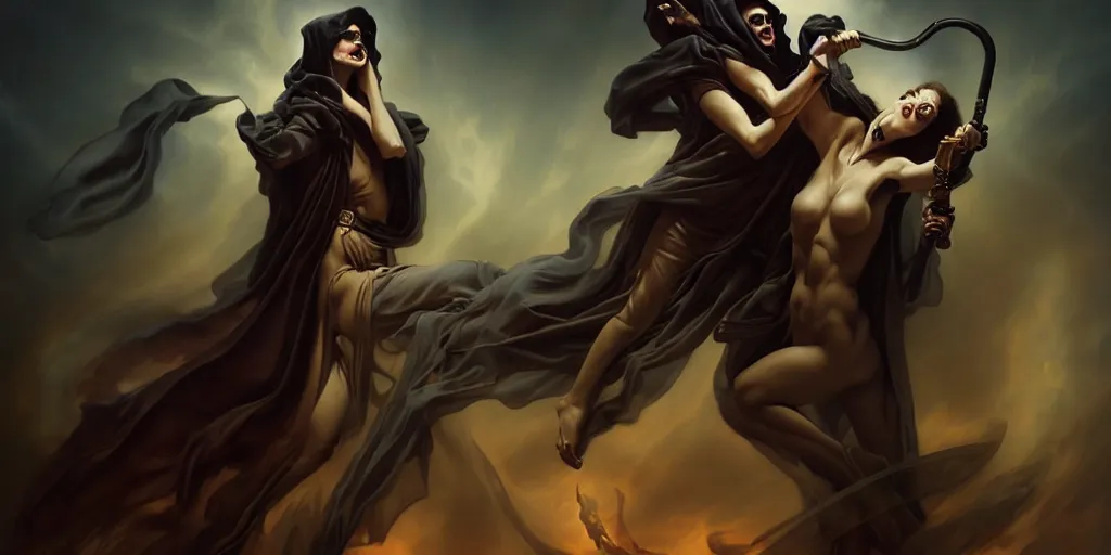 Image similar to a grim reaper clutching a woman, by Rolf Armstrong and Evelyn De Morgan and Bastien Lecouffe-Deharme, dramatic lighting, high contrast colors, baroque, empyrean, panoramic view, as trending on Artstation, highly detailed, doom engine,