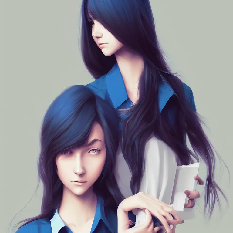 Image similar to urban high school girl in shirt fanart, dark blue long hair, muted colors, matte print, pastel colors, ornate, digital art, digital painting, fan art, elegant, artstation, by Ilya Kuvshinov