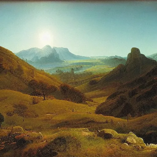Prompt: the valley of dreams, artwork by Caspar David Friedrich and Frederic Erwin Church