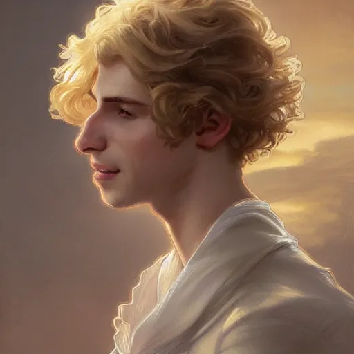 Image similar to A pregnant blond androgynous prince with closed eyes smiling, very detailed sharp angular masculine face, hooked nose and square jaw long fluffy curly blond hair, light blond hair, gorgeous, beautiful, intricate, highly detailed, digital painting, artstation, concept art, sharp focus, illustration, art by greg rutkowski and alphonse mucha