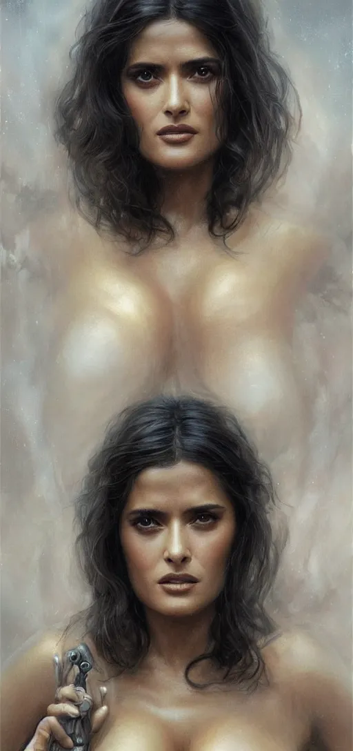 Image similar to young Salma Hayek as a replicant from blade runner, detailed, centered, digital painting, artstation, concept art, donato giancola, Joseph Christian Leyendecker, WLOP, Boris Vallejo, Breathtaking, 8k resolution, extremely detailed, beautiful, establishing shot, artistic, hyperrealistic, beautiful face, octane render