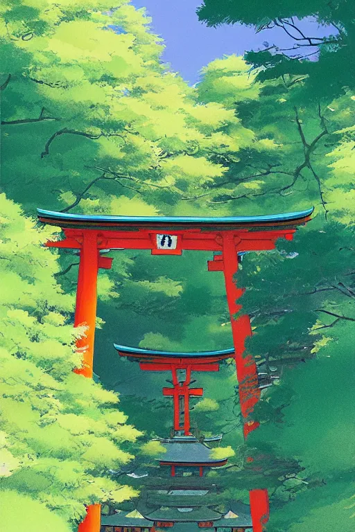 Prompt: Japanese Torii in a colorful moutain with beautiful trees ,morning , by studio ghibli painting, superior quality, masterpiece, traditional Japanese colors, by Grzegorz Rutkowski, concept art