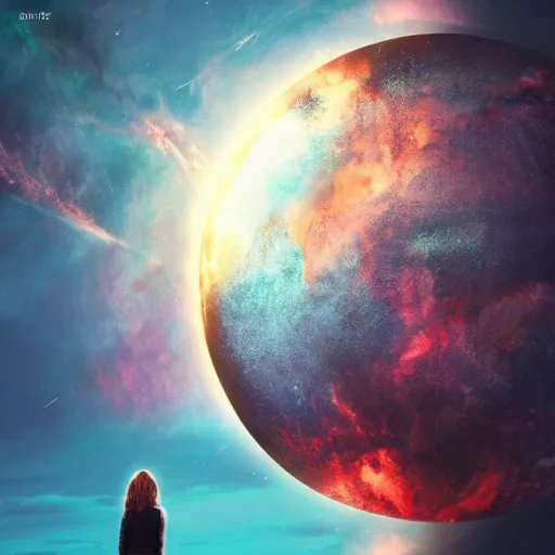 Prompt: a goddess up there, concept art aesthetics, on fire, photoshop, colossal, creative and cool, giant, photo manipulation, planets, outer space, smoke, destruction