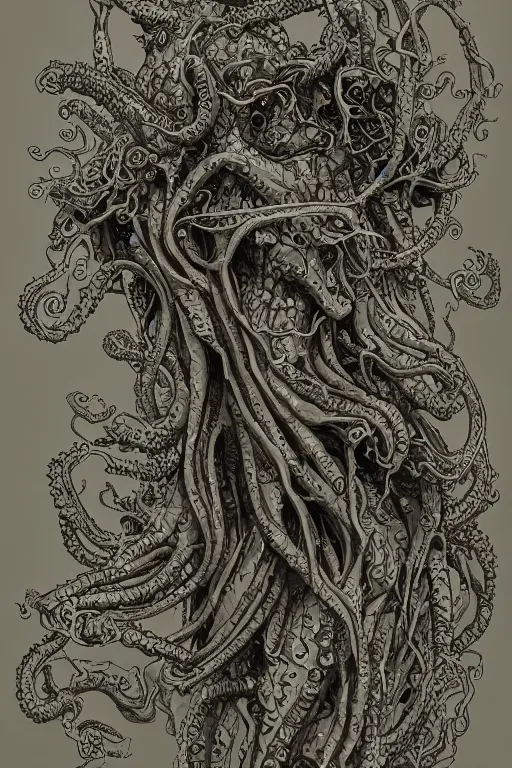 Image similar to centered horrifying detailed side view profile portrait of a insane, crazed, mad old bald zombie, cthulhu, eldritch abomination, dunwitch horror, ornate tentacles growing around, ornamentation, thorns, vines, tentacles, elegant, beautifully soft lit, full frame, 8 k by wayne barlowe, peter mohrbacher, kelly mckernan, h r giger