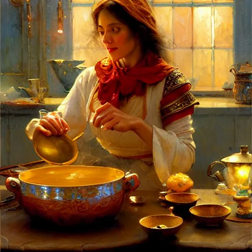 Image similar to stunning female master wizard cooking magical soup with a huge pot, highly detailed painting by gaston bussiere, craig mullins, j. c. leyendecker, 8 k
