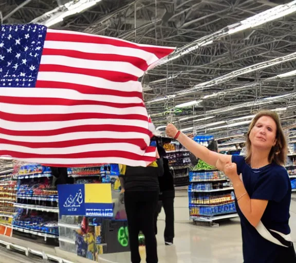 Prompt: A woman holding up a flag at Wal-Mart