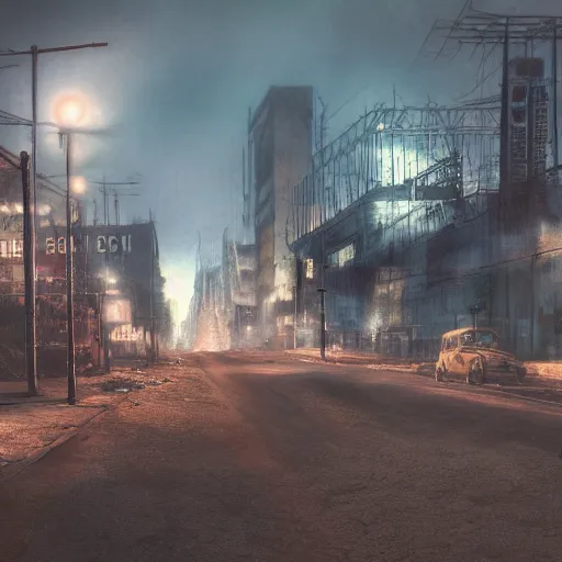 Prompt: fallout concert art, design book, new wasteland scene in plain daylight, fog, smoke, heat around, city furniture, road blocks, acid rain ongoing, very high resolution, detailed, 4 k