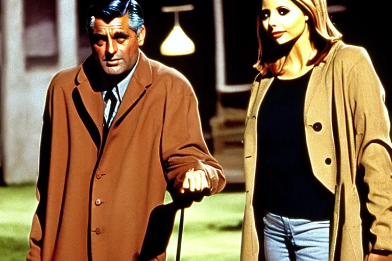 Image similar to cary grant as giles in buffy the vampire slayer, along side sarah michelle gellar 1 9 9 8