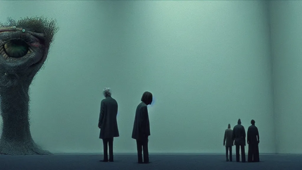 Prompt: the strange creature from my eye, we ait in line at the bank, film still from the movie directed by denis villeneuve and david cronenberg with art direction by salvador dali and zdzisław beksinski, wide lens