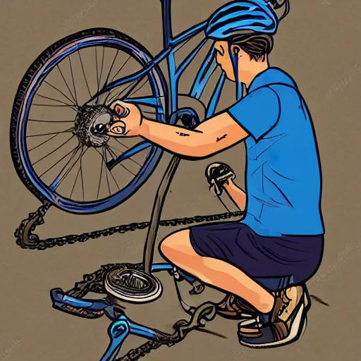 Prompt: man fixing bicycle chain, illustration