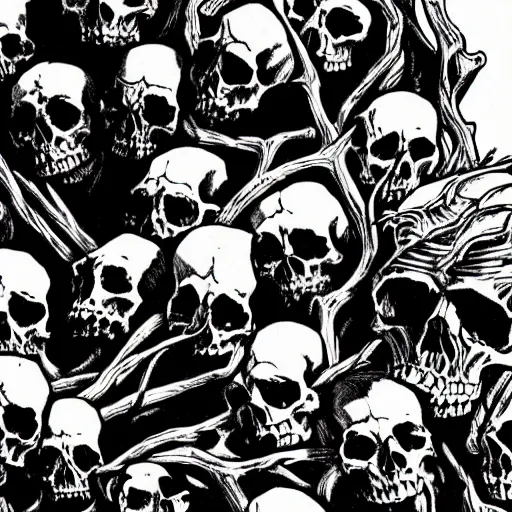 Image similar to Skulls lying under a dead tree. Close Up Shot, Dark Fantasy, Film Noir, Black and White. High Contrast, Mike Mignola, D&D, OSR