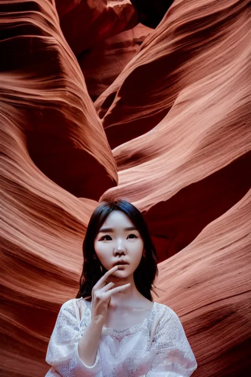 Prompt: close-up portrait of Lee Ji-Eun, captivating, rule of thirds, majestic, set on a flowy Antelope Canyon created by James Jean, mutiversal tsunami, award winning photo, seductive, captivating, close-up, hot, unreal engine