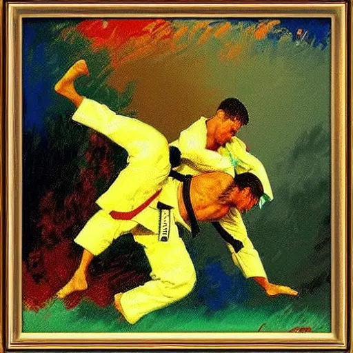 Image similar to judoka by leroy neiman, intricate, ultra detailed painting, atmospheric lighting, golden hour