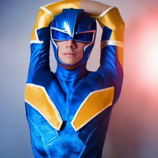 Image similar to Power Ranger, Blue Ranger, local heroes, full body pose, strong handsome, boudoir photography, velvet soft, candlelit, faded background, primary colors,