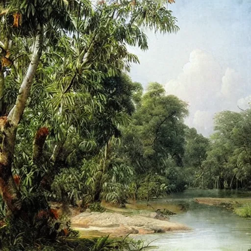 Prompt: tropical fruit trees and white milk river, mangos, painting by ivan shishkin