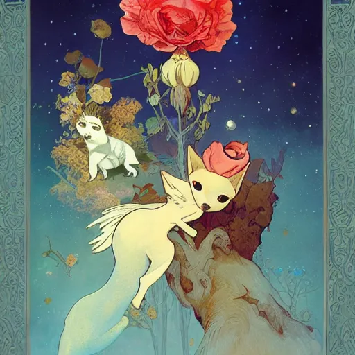 Prompt: the little prince, clear face, roses, foxes, poster, by andrei riabovitchev, shaun tan, alphonse mucha, and peter mohrbacher, trending on artstation, fairy tale cover