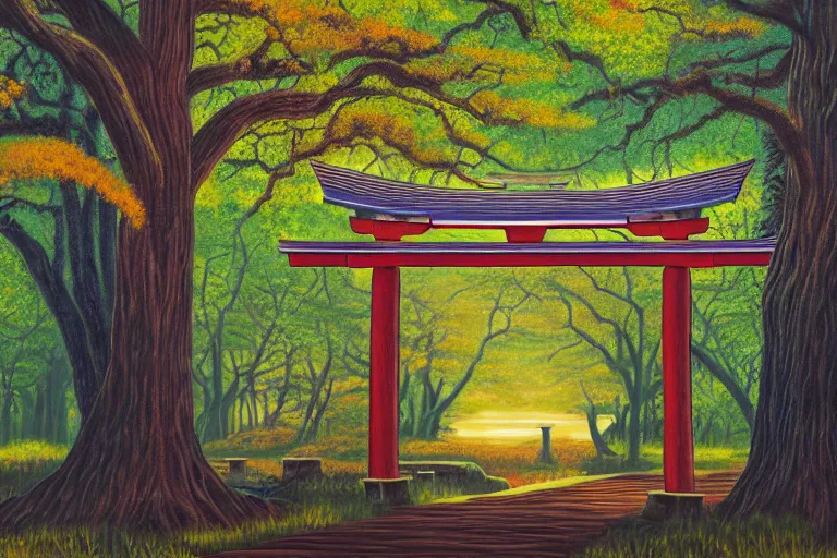 Prompt: a painting in the style of rob gonsalves of a beautiful large shinto shrine with a torii in a natural setting, soft lighting, seasonal weather, in the louisiana swamp