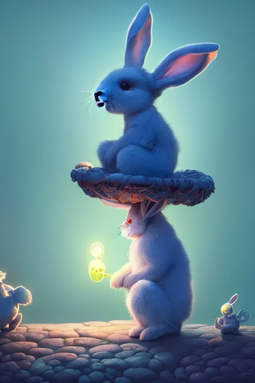 Prompt: a surreal Bioluminescent, very very very cute bunny in a happy world by Daniel Merriam, Trending on Artstation, oil on Canvas by Elena Zhurikhina and Goro Fujita and Charlie Bowater, octane render, 4k, 8k, HD