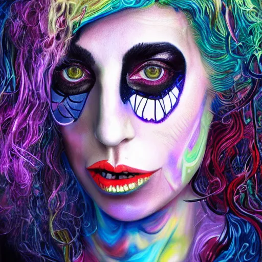 Image similar to an extremely psychedelic portrait of lady gaga as alice cooper, surreal, lsd, face, detailed, intricate, elegant, lithe, highly detailed, digital painting, artstation, concept art, smooth, sharp focus, illustration,