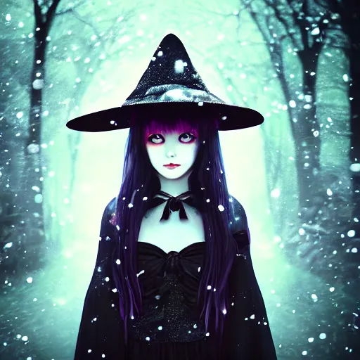 Image similar to focus face portrait of beautiful darkness witch 3D anime girl, dark forest background, snowing, bokeh, inspired by Tim Burton, digital painting, high contrast, unreal engine render, volumetric lighting, high détail