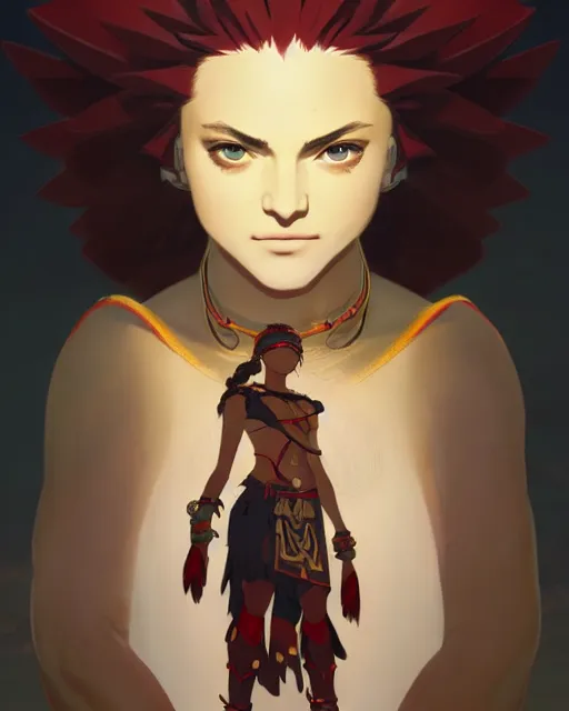 Image similar to young madonna as an azctec warrior, detailed perfect face, exquisite details, fire magic, mid view, design on a white background, by studio muti, greg rutkowski makoto shinkai takashi takeuchi studio ghibli