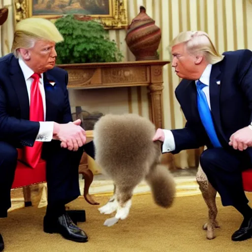 Image similar to donald trump and vladimir putin at animal farm petting animals