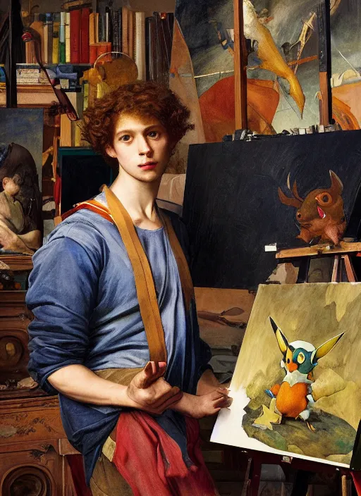 Image similar to a young painter in his studio painting a picture of a colourful pokemon, by edgar maxence and caravaggio and michael whelan and delacroix style, artistic, intricate drawing, cinematic lighting, hyper realistic, extremely detailed, establishing shot, 8 k resolution, dramatic lighting