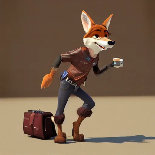 Prompt: full body, 3d render , anthropomorphic coyote male , wearing along brown leather jacket , in the style of Zootopia