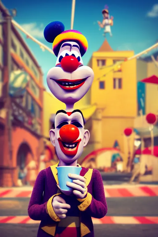 Image similar to portrait of a clown holding a cup of coffee with the circus in background, full body. pixar disney 4 k 3 d render funny animation movie oscar winning trending on artstation and behance