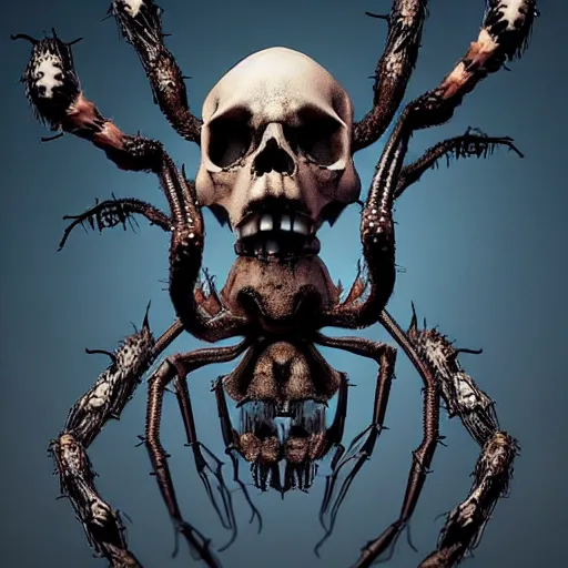 Image similar to Skull that look too much like skull!, crypt lurker!!, grasp of darkness!!!, 8k CG character rendering of a spider-like hunting female on its back, fangs extended, wearing a leopard-patterned dress, set against a white background, with textured hair and skin.