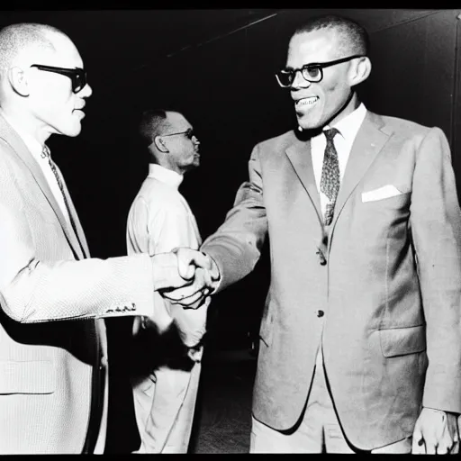 Image similar to vintage photograph of hunter s. thompson and malcolm x shaking hands with each other, very detailed, very intricate,