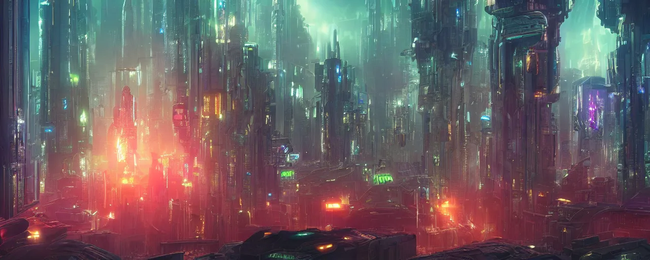 Image similar to ” otherwordly futuristic city at night, [ cinematic, detailed, epic, widescreen, opening, establishing, mattepainting, photorealistic, realistic textures, octane render, art by wlop and paul lehr ] ”