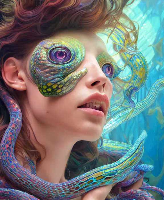 Image similar to colorful transparent portrait of a disturbing beautiful alien snake creature, mottled coloring, adorable, childlike, underwater environment, ultra realistic, concept art, art nouveau, photorealistic, octane render, 8 k, unreal engine. art by christopher marley and artgerm and greg rutkowski and alphonse mucha