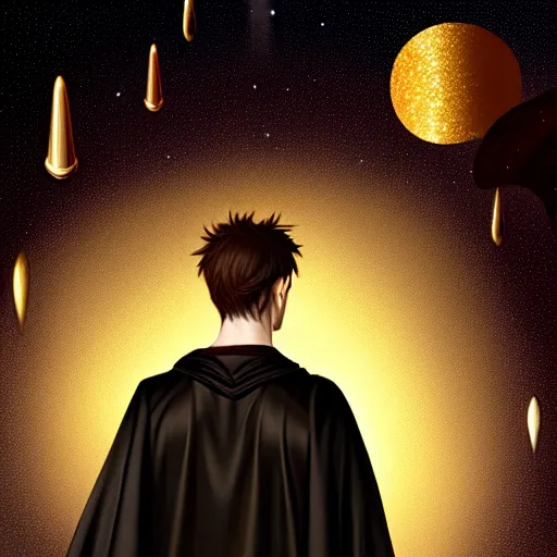 Prompt: a man with with brown hair, wearing a black robe with the tips made of gold, setting in space with a galaxy in the backround, depth of field, on amino, by sakimichan patreon, wlop, weibo high quality art on artstation