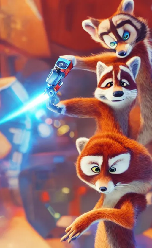 Image similar to “red racoon holding laser gun standing face to face off with blue racoon holding laser gun, boxing style face off, cinematic, dramatic in the style of zootopia”