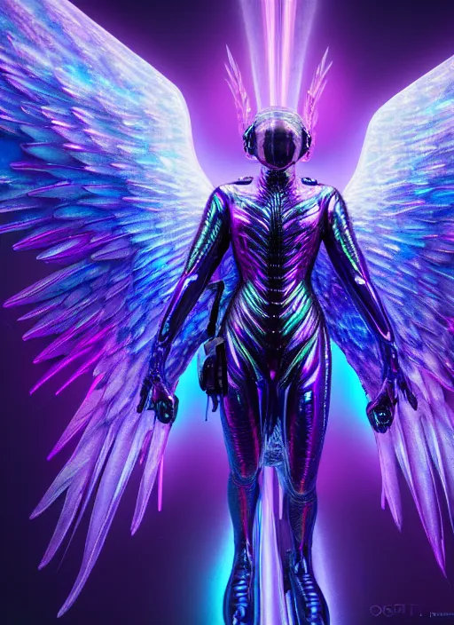 Image similar to a photo of 8 k ultra realistic archangel with 6 wings, full body, intricate purple and blue hard surfaces, futuristic, science fiction themes, highly saturated colors, holographic undertones, overdetailed art, concept art, detailed illustration, hd, 4 k, octane rendered