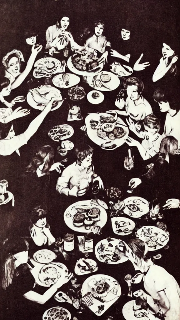 Image similar to occult satanic food ritual, 1 9 6 0 s food magazine photo