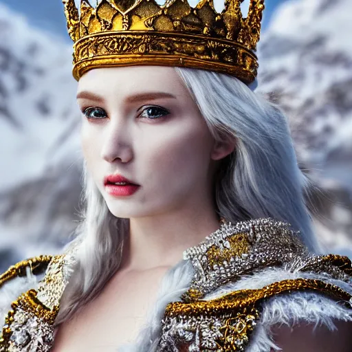 Image similar to beautiful ice queen with ornate cloak and crown, highly detailed, 4k, HDR, smooth, sharp focus, hyper realistic, high resolution, award-winning photo