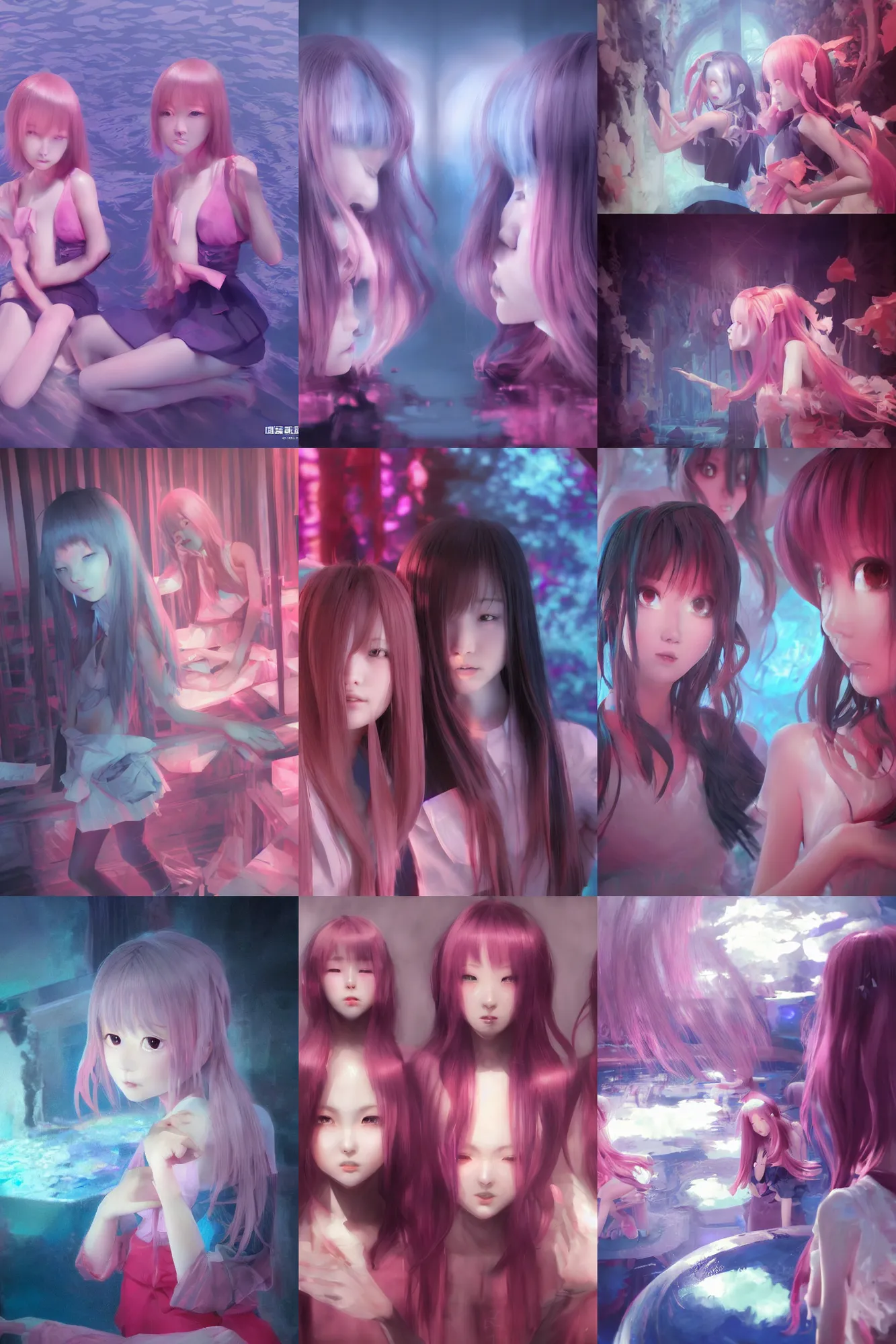 Image similar to 3d dark infrared octane render concept art by D. Jun, by Mo Xiang Tong Xiu, by Igarashi Daisuke, beauty portrait anime schoolgirls under dark pink and blue water. cute face. complex mirror room. dramatic light, trending on artstation.