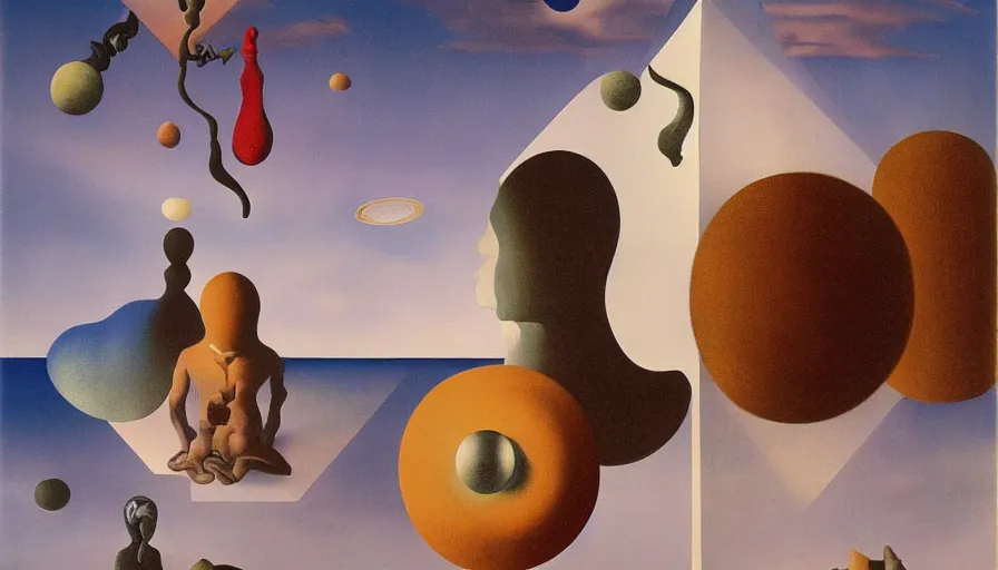 Image similar to parallel universe between forbidden knowledge and maddening strangeness by salvadore dali and rene magritte, extremely high detail, 8 k