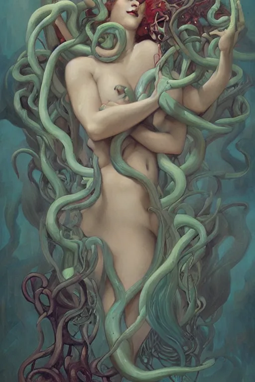 Image similar to Medusa by Peter Mohrbacher in the style of Gaston Bussière, Art Nouveau