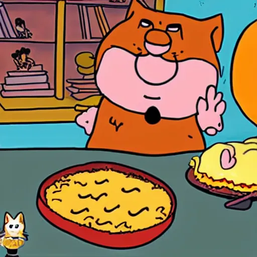 Image similar to fat orange tabby cat next to curly haired man and lasagna on table, by jim davis, garfield comic