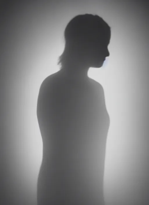 Image similar to human silhouette, large diffused glowing aura, long exposure, film grain, cinematic lighting, experimental portrait photography